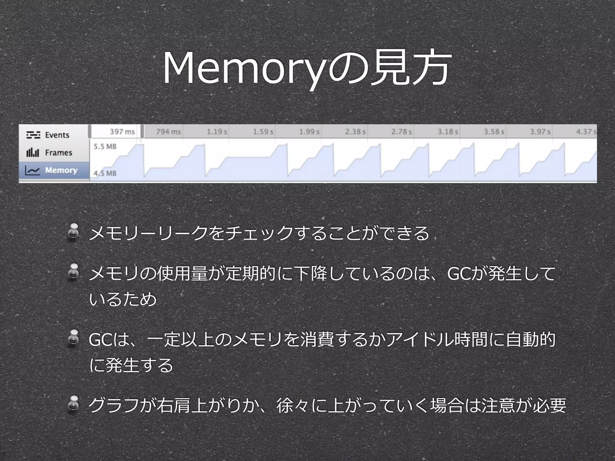Memoryの⾒見見⽅方


メモリーリークをチェックすることができる

メモリの使⽤用量量が定期的に下降降しているのは、GCが発⽣生して
いるため

GCは、⼀一定以上のメモリを消費するかアイドル時間に⾃自動的
に発⽣生する

グラフが右肩上がりか、徐々に上がっていく場合は注意が必要
 