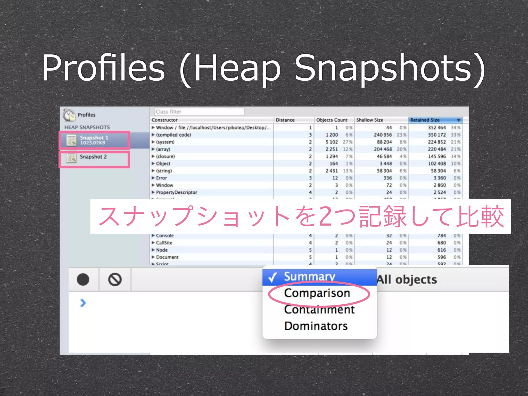 Proﬁles  (Heap  Snapshots)



   スナップショットを2つ記録して比較
 