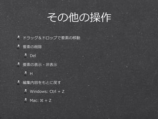 その他の操作
ドラッグ＆ドロップで要素の移動

要素の削除

  Del

要素の表⽰示・⾮非表⽰示

  H

編集内容をもとに戻す

  Windows:  Ctrl  +  Z

  Mac:  ⌘  +  Z
 