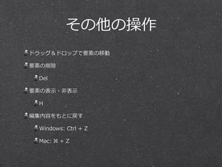 その他の操作 
ドラッグ＆ドロップで要素の移動 
要素の削除 
Del 
要素の表⽰示・⾮非表⽰示 
H 
編集内容をもとに戻す 
Windows: Ctrl + Z 
Mac: ⌘ + Z 
 
