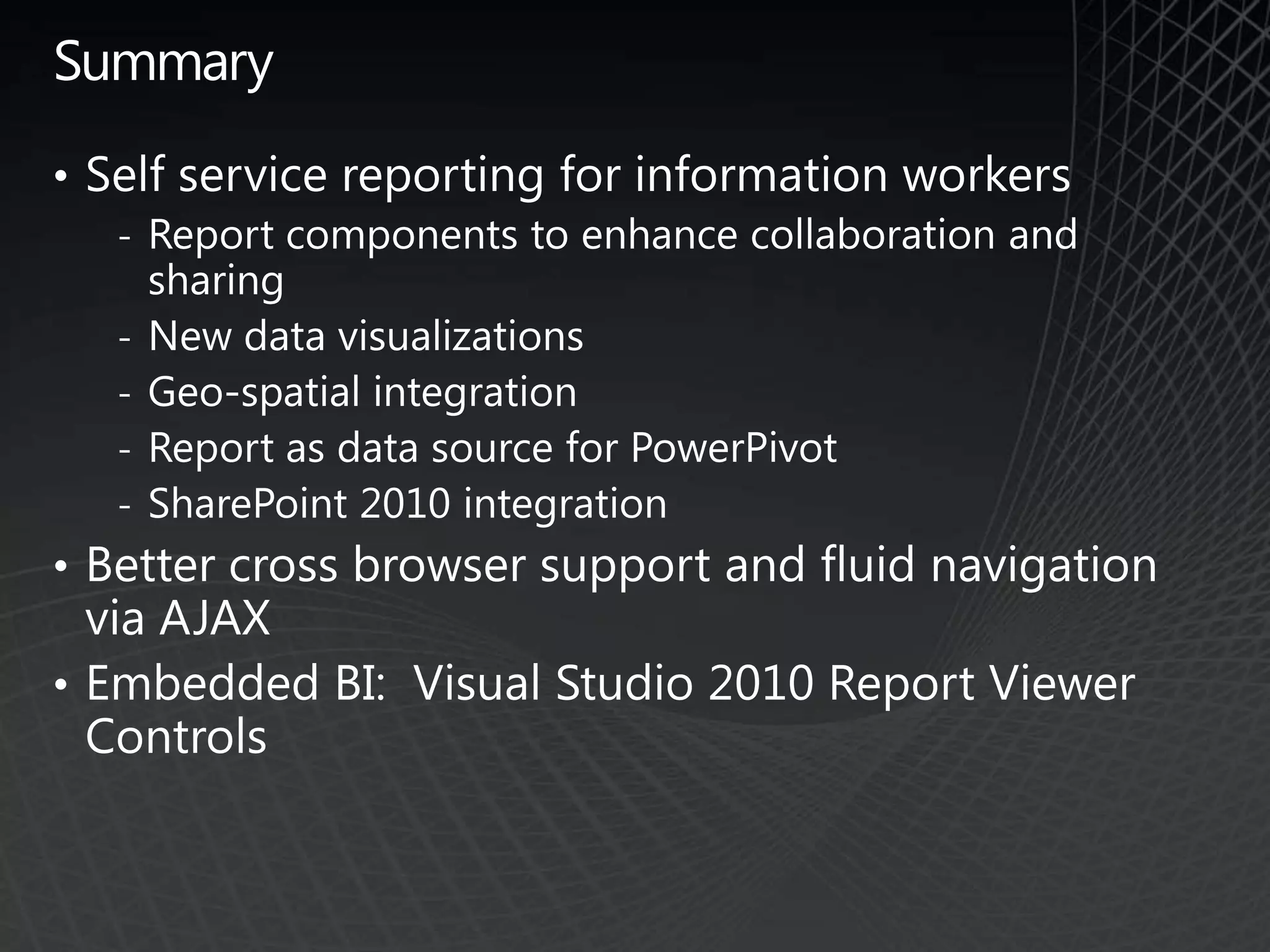 Use for long-running queries with non-volatile dataGrab-and-go reporting