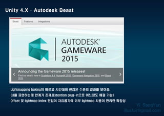 Lightmapping baking이 빠르고 시간대비 괜찮은 수준의 결과를 보여줌.
G.I를 표현하는데 한계가 존재.(Extention plug-in으로 어느정도 해결 가능)
Offset 및 lightmap index 편집이 자유롭기에 외부 lightmap 사용이 편리한 확장성
Unity 4.X – Autodesk Beast
 