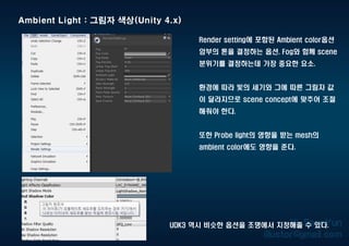 Ambient Light : 그림자 색상(Unity 4.x)
Render setting에 포함된 Ambient color옵션
암부의 톤을 결정하는 옵션. Fog와 함께 scene
분위기를 결정하는데 가장 중요한 요소.
환경에 따라 빛의 세기와 그에 따른 그림자 값
이 달라지므로 scene concept에 맞추어 조절
해줘야 한다.
또한 Probe light의 영향을 받는 mesh의
ambient color에도 영향을 준다.
UDK3 역시 비슷한 옵션을 조명에서 지정해줄 수 있다.
 