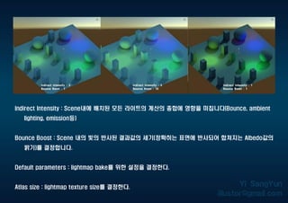 Indirect Intensity : Scene내에 배치된 모든 라이트의 계산의 총합에 영향을 미칩니다(Bounce, ambient
lighting, emission등)
Bounce Boost : Scene 내의 빛의 반사된 결과값의 세기(정확히는 표면에 반사되어 합쳐지는 Albedo값의
밝기)를 결정합니다.
Default parameters : lightmap bake를 위한 설정을 결정한다.
Atlas size : lightmap texture size를 결정한다.
 