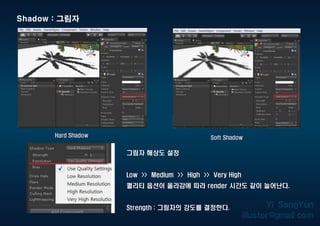 Shadow : 그림자
Hard Shadow Soft Shadow
그림자 해상도 설정
Low >> Medium >> High >> Very High
퀄리티 옵션이 올라감에 따라 render 시간도 같이 늘어난다.
Strength : 그림자의 강도를 결정한다.
 