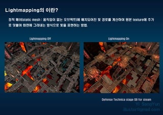 Lightmapping의 이란?
정적 메쉬(static mesh : 움직임이 없는 오브젝트)에 배치되어진 빛 경로를 계산하여 원본 texture에 추가
로 덧붙여 화면에 그려내는 방식으로 빛을 표현하는 방법.
Lightmapping Off Lightmapping On
Defense Technica stage 08 for steam
 