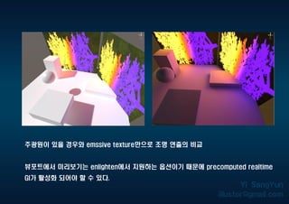 주광원이 있을 경우와 emssive texture만으로 조명 연출의 비교
뷰포트에서 미리보기는 enlighten에서 지원하는 옵션이기 때문에 precomputed realtime
GI가 활성화 되어야 할 수 있다.
 