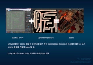 3DS MAX 2nd UV Lightmapping texture Scene
Unity3D에서는 scene 파일이 생성되지 않은 경우 lightmapping texture가 생성되지 않는다. 우선
scene 파일을 만들고 bake 할 것.
Unity 4에서는 Beast Unity 5 부터는 Enlighten 탑재
 