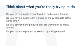 Do you have a single product worked on by many teams?
Do you have a single team working on many products at the
same time?
Do you deliver many products that are worked on by many
teams?
Do you have one product worked on by a single team?
 