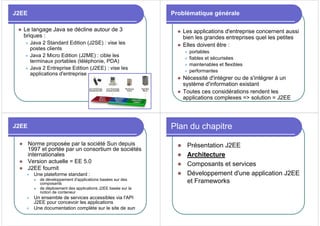 J2EE
z Le langage Java se décline autour de 3
briques :
z Java 2 Standard Edition (J2SE) : vise les
postes clients
z Java 2 Micro Edition (J2ME) : cible les
terminaux portables (téléphonie, PDA)
z Java 2 Entreprise Edition (J2EE) : vise les
applications d'entreprise
Problématique générale
z Les applications d'entreprise concernent aussi
bien les grandes entreprises quel les petites
z Elles doivent être :
z portables
z fiables et sécurisées
z maintenables et flexibles
z performantes
z Nécessité d'intégrer ou de s'intégrer à un
système d'information existant
z Toutes ces considérations rendent les
applications complexes => solution = J2EE
J2EE
z Norme proposée par la société Sun depuis
1997 et portée par un consortium de sociétés
internationales
z Version actuelle = EE 5.0
z J2EE fournit
z Une plateforme standard :
z de développement d'applications basées sur des
composants
z de déploiement des applications J2EE basée sur la
notion de conteneur
z Un ensemble de services accessibles via l'API
J2EE pour concevoir les applications
z Une documentation complète sur le site de sun
Plan du chapitre
z Présentation J2EE
z Architecture
z Composants et services
z Développement d'une application J2EE
et Frameworks
 