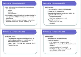 Services et composants J2EE
z Les applications d'entreprise J2EE sont basées sur
des composants :
z distincts
z distribués
z interchangeables
z Composant = unité logicielle (fonctionnelle) intégrée à
une application J2EE communiquant avec d'autres
composants
z Il dépend du conteneur pour le support des services
système (transactions, sécurité, threading, etc.)
Services et composants J2EE
z Conteneur :
z Les applications J2EE y sont déployées
z Donne l'accès aux services
z Dans l'architecture des conteneurs J2EE, les
applications fournissent :
z Composants applicatifs
z Descripteur de déploiement (*.xml)
z Types de conteneurs :
z Web (Servlets, JSP, JSF)
z EJB (EJB)
Services et composants J2EE
z Service J2EE :
z Composant technique pouvant être utilisé de
manière distante à travers une interface de
manière synchrone ou asynchrone
z Types : JDBC, JTS/JTA, JMS, JavaMail, JAAS,
Web service, etc.
Services et composants J2EE
z Protocoles :
z Accéder à des services Internet
z Types (principaux) :
z HTTP (HyperText Transfer Protocol)
z TCP/IP (Transmission Control Protocol / Internet
Protocol)
z RMI (Remote Method Invocation)
z SOAP (Simple Object Access Protocol)
z SSL (Secured Socket Layer)
 