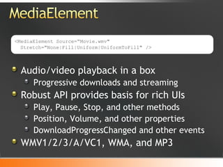 Audio/video playback in a box Progressive downloads and streaming Robust API provides basis for rich UIs Play, Pause, Stop, and other methods Position, Volume, and other properties DownloadProgressChanged and other events WMV1/2/3/A/VC1, WMA, and MP3 