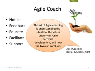 Agile Coach
•    Notice
•    Feedback                The art of Agile coaching
                                is understanding the
•    Educate                    situation, the values
                                   underlying Agile
•    Facilitate                       software
                              development, and how
•    Support                   the two can combine.
                                                         Agile Coaching
                                                         Davies & Sedley, 2009




(c) Software Strategy Ltd.                                                  18
 