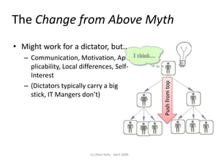 The Change from Above Myth
• Might work for a dictator, but..
   – Communication, Motivation, Ap
     plicability, Local differences, Self-
     Interest




                                                          Push from top
   – (Dictators typically carry a big
     stick, IT Mangers don’t)




                           (c) Allan Kelly - April 2006
 