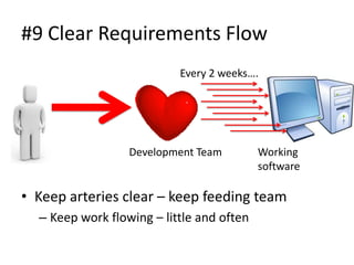 #9 Clear Requirements Flow
                           Every 2 weeks….




                  Development Team         Working
                                           software

• Keep arteries clear – keep feeding team
  – Keep work flowing – little and often
 