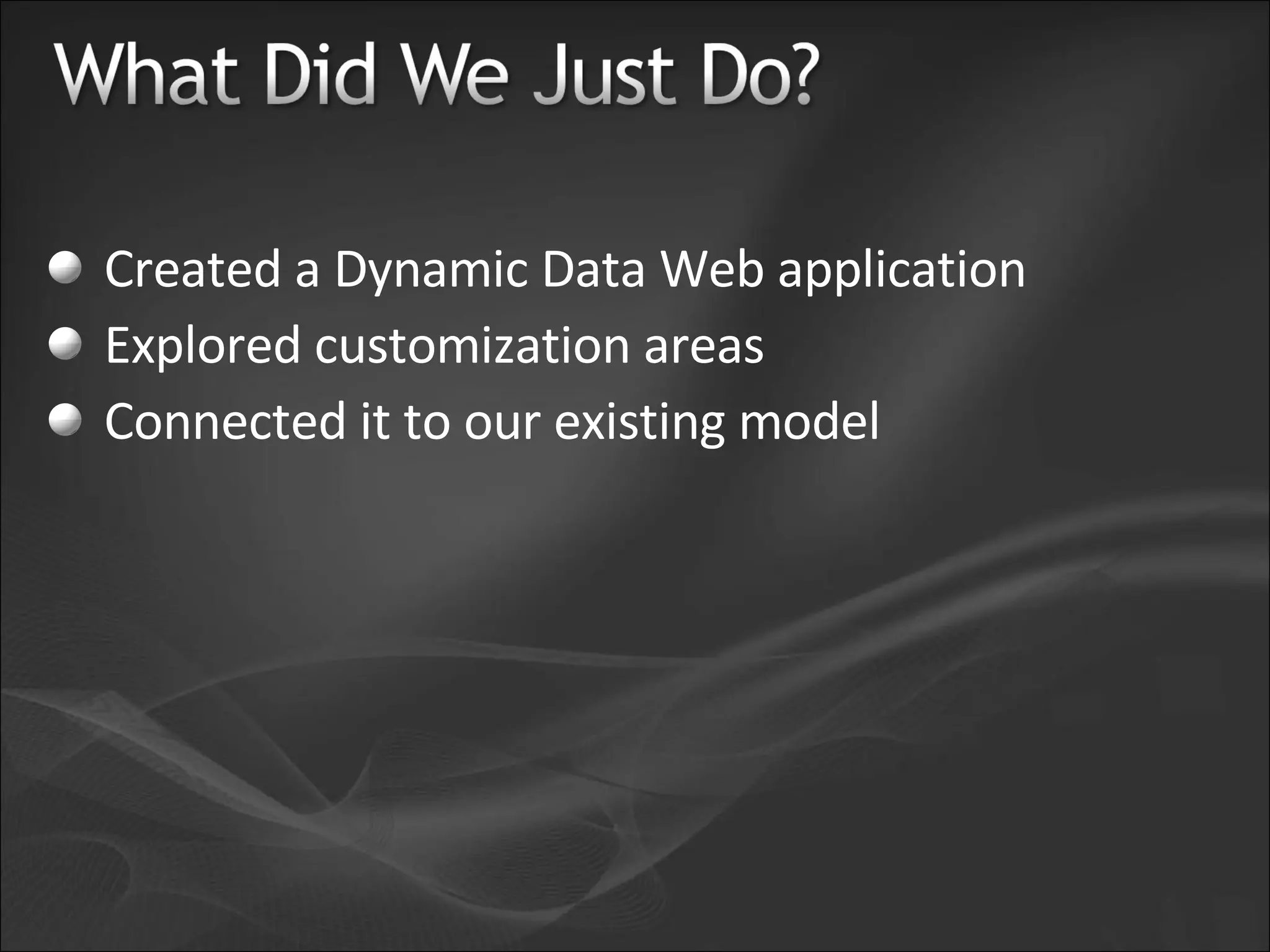 Created a Dynamic Data Web application Explored customization areas Connected it to our existing model 