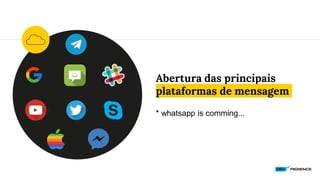 Abertura das principais
plataformas de mensagem
* whatsapp is comming...
 