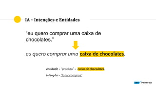 IA - Intenções e Entidades
“eu quero comprar uma caixa de
chocolates.”
eu quero comprar uma caixa de chocolates.
entidade = “produto” = caixa de chocolates.
intenção = “fazer compras”
 