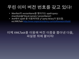우린 이미 버전 번호를 갖고 있다!	
  
 •  Manifest의 versionName을 찾아가는 xpath	
  query:	
  	
  
          /manifest/@*[local-­‐name()='versionName']	
  
 •  Ant에서 xpath	
  를 이용하려면 3rd	
  party	
  library가 필요함.	
  
          ex)	
  XMLTask	
  http://www.oopsconsultancy.com/software/xmltask/	
  
 	
  
 	
  	
  

이제 XMLTask를 이용해 버전 이름을 뽑아낸 다음,	
  	
  
          파일명 뒤에 붙이자!	
  
                	
  
 