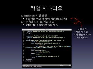 작업 시나리오	
  
1.  index.html 파일 생성	
  
  •  ls	
  결과를 이용해 html 생성 (sed이용)	
  
2.  FTP	
  혹은 SFTP로 파일 전송	
  
  •  ant의 ftp나 sshexec	
  task	
  사용	
  
                                             구체적인 	
  
                                            작업 내용은	
  
                                           서버 환경에 따라	
  
                                            case	
  by	
  case!	
  
 
