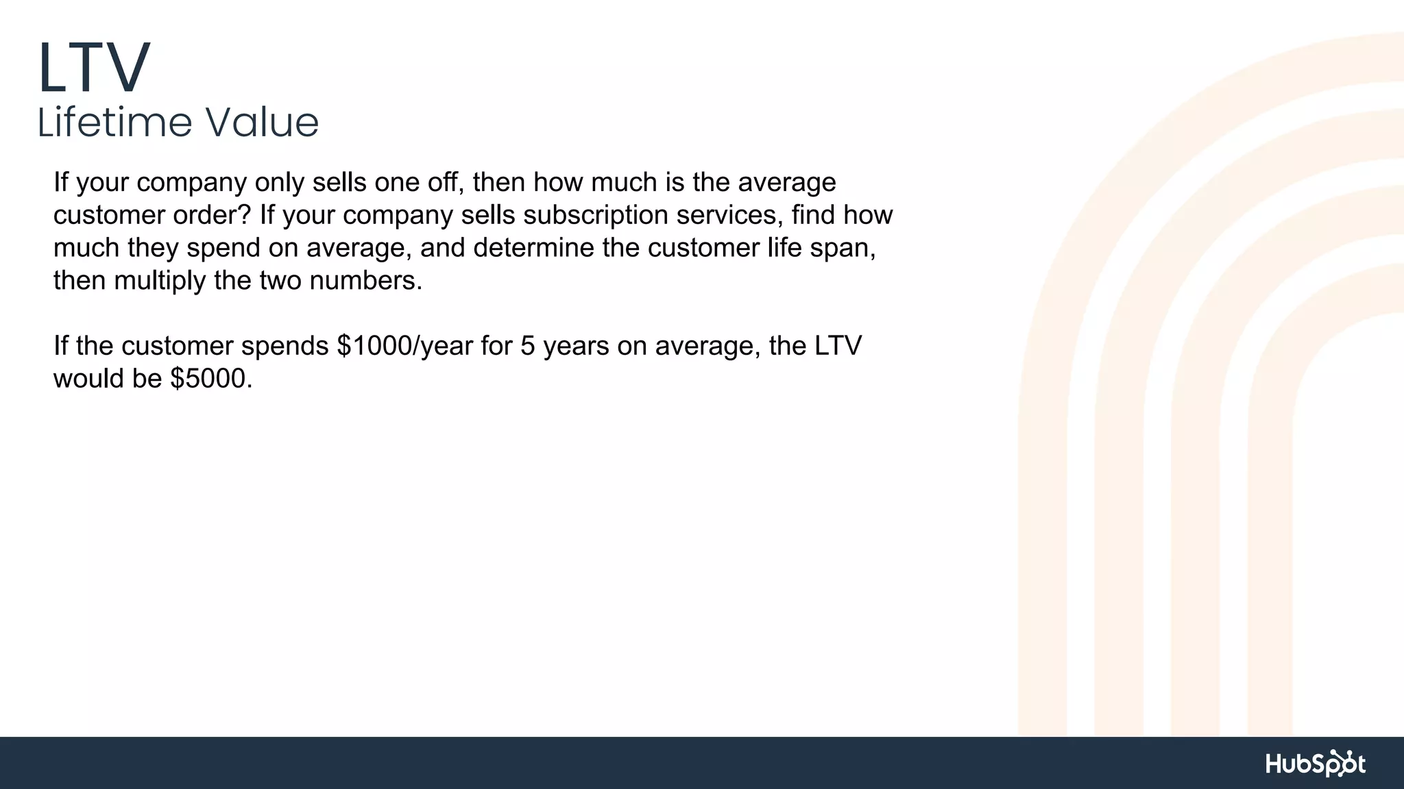 LTV
Lifetime Value
If your company only sells one off, then how much is the average
customer order? If your company sells subscription services, find how
much they spend on average, and determine the customer life span,
then multiply the two numbers.
If the customer spends $1000/year for 5 years on average, the LTV
would be $5000.
 