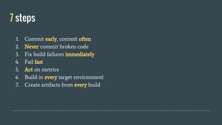 7 steps
1. Commit early, commit often
2. Never commit broken code
3. Fix build failures immediately
4. Fail fast
5. Act on metrics
6. Build in every target environment
7. Create artifacts from every build
 