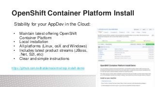 OpenShift Container Platform Install
Stability for your AppDev in the Cloud:
• Maintain latest offering OpenShift
Container Platform
• Local installation
• All platforms (Linux, osX and Windows)
• Includes latest product streams (JBoss,
.Net, S2I, etc)
• Clear and simple instructions
https://github.com/redhatdemocentral/ocp-install-demo
 