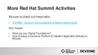 Be sure to check out these talks:
• S101680 - Discover the foundations of digital transformation
Mini-Theater:
• What are your Digital Foundations?
• How to Setup a Container Platform for Modern Application Delivery in
Minutes
More Red Hat Summit Activities
 