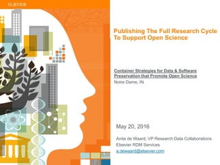 | 1
Anita de Waard, VP Research Data Collaborations
Elsevier RDM Services
a.dewaard@elsevier.com
May 20, 2016
Publishing The Full Research Cycle
To Support Open Science
Container Strategies for Data & Software
Preservation that Promote Open Science
Notre Dame, IN
 