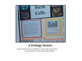 a biology lesson,
[Falmouth Public Library]. (ca. 2008-2013). Falmouth, MA. Retrieved from
http://www.flickr.com/photos/falmouthpubliclibrary/
 
