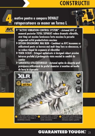 CONSTRUCTII

motive pentru a cumpara DEWALT
rotopercutoare cu maner un forma L
     “ACTIVE VIBRATION CONTROL SYSTEM” - sistemul AVC si
     manerul posterior TOTAL SEPARAT reduce dramatic vibratiile,
     atat timp cat masina furnizeaza forta maxima la percutie
     asigurand astfel productivitate maxima
     DESIGN ERGONOMIC MAI BUN - Combinat cu AVC inseamna ca
     utilizatorul poate sa lucreze mai mult timp fara sa oboseasca, si
     se reduce timpul de expunere al vibratiilor
     VIATA SCULEI - Oringuri optimizate si designul robust previne
     intrarea prafului si prelungeste viata masinii in conditii de
     santier
     SANATATEA UTILIZATORULUI - sistemul optim de absortie praf
     protejeaza utilizatorul de praful daunator si mentine un mediu
     de lucru in siguranta




                                                                            1




                                                                                2




                                        3




1
    2x mai multecarburi SDS-Plus
     2x mai multe carburi SDS-Plus 2 Geometrie nica a varfului pentru,3 Patru canale spirala pentru in-
                                                  u unica a varfului
                                      Geometrie unica                     Patru canale spirala pentru
    2-cutite pentru viata lunga si si
     2-cutite pentru viata lunga      pentru efectuareacurate
                                      efectuarea ce gauri ce gauri      departarea optima a arezidurilor
                                                                          indepartarea optima rezidurilor
    durabilitateextrema
     durabilitate extrema             concentrice
                                      curate concentrice                efectuarea rapida a gaurilor
                                                                          efectuarea rapida a gaurilor




                                                                                                            21
 