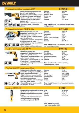 Ferastrau orizontal cu acumulatori 18V                                                                           DC385KB
                    Utilizare: Ideal pentru taierea profilelor din metal,     Acumulatori                               NiMH 2.6 Ah
                    lemn, PVC la pozitie sau in locuri fixe                   Putere debitata                           390 W
                    Avantaje: Turatia variabila 0 - 3.000cpm si lungimea      Numar curse pe minut                      0 - 3.000 cpm
                    cursei de 28,6mm ofera taieturi rapide si eficiente       Lungimea cursei                           28.6 mm
                    •Schimbarea lamei fara cheie pentru productivitate        Greutate                                  3.70 kg
                    •Talpa usoara si cu reglaj usor pentru ajustarea          Dimensiuni                                435 x 188 mm
                    adancimii de taiere
                    de taiere si extinderea duratei de functionare a lamei.
                    •Tragaci cu viteza variabila ce ofera control si          Dotari standard: incarcator 1 ora, 2 acumulatori, lama pentru lemn si
                    polivalenta                                               metal, geanta transport

 Ferastrau circular taiere METAL 18V                                                                              DW934K2
                    Utilizare: Ideal pentru taieri usoare metal               Acumulatori                               NiCd 2.4 Ah
                    Avantaje: Motor puternic racit cu turbina si perii usor   Diametru disc                             173 mm
                    de schimbat si transmisie re-proiectata                   Putere debitata                           315 W
                    •Panza subtire de 173mm, cu 40 de dinti din carbura       Turatie                                   3.100 rpm
                    asigura tairi rapide si curate                            Adancime de taiere maxima la 900          61 mm
                    •Cutie de transmisie din magneziu, talpa si aparatoare    Greutate                                  3.8 kg
                    din metal pentru conditii dure de lucru                   Dimensiuni                                365 x 195 mm
                    •Baza de taiere cu lama pe stanga asigura vizibilitatea
                    maxima a liniei de taiere                                 Dotari standard: incarcator 1 ora, 2 acumulatori, disc TCT 173mm,
                    •Blocarea axului pentru schimbarea rapida a panzei        cheie hexagonala, geanta transport

 Foarfeca pentru taiat tabla 14,4V                                                                                DW941K
                    Utilizare: Ideal pentru taieri tabla                      Acumulatori                                NiCd 2.0 Ah
                    Avantaje: Motorul DEWALT puternicasigura taierea          Putere debitata                            295 W
                    rapida de 4.4m/ min in tabla de 1.2 mm                    Numar curse pe minut                       0 - 2.300 cpm
                    •Rotirea capului la 360 grade permite taierea in orice    Adancimea max. taiere metal                1.2 mm
                    pozitie cu mentinerea confortului                         Greutate                                   2.4 kg
                    •Taieri fara torsiuni la grosimi recomandate de 1.2 mm    Dimensiuni                                 336 x 230 mm
                    in fier sau aluminiu si 0.9 mm in otel inoxidabil
                    •Lungimea de taiere cu o singura incarcare a acumula-     Dotari standard: incarcator 1 ora, 1 acumulator, cheie,
                    torului este de 42.7m                                     Valiza pentru depozitare si transport

 Pistol de lipit 18V cu cartus de 600ml                                                                           DC547K
                    Utilizare: Ideal pentru aplicare silicon sau adezivi      Acumulatori                               2.6 Ah
                    Avantaje: Forta de impingere de peste 2.700N pentru       Volum                                     310-600 ml
                    materiale poliuretanice si adezivi siliconici             Aplicator                                 Cartus si cilindru
                    •Reglajul de viteza pentru dispersarea materialelor       Forta de impingere                        2713 N (277KgF)
                    •Maner ergonomic in forma de T, acoperit cu cauciuc       Viteza de impingere                       635 mm/min
                    pentru aderenta si confort suplimentar                    Greutate                                  3.3kg
                    •Transmisie complet metalica pentru forta de impingere    Lungime                                   734 mm
                    mare si durata lunga de functionare
                    •Autoreversibilitatea previne ejectarea materialului      Dotari standard: 1 incarcator de 1 ora, 1 acumulator, cartus, cilindru,
                    cand intrerupatorul este eliberat                         kit de conversie

 Lanterna 12 / 14.4 V                                                                                             DC528N
                    Utilizare: Ideal pentru iluminat zona de lucru sau alte   Tip bec                                   Tub fluorescent
                    aplicatii unde necesita iluminarea                        Acumulatori                               12 / 14.4 V
                    Avantaje: Design compact, usorcu carcasa rezistenta       Greutate                                  0.5 kg
                    la socuri                                                 Dimensiuni                                155 x 370 mm
                    •Acumulatorii si statia de incarcare se vand separat
                    •Imbracat cu cauciuc pentru rezistenta marita
                    •Lampa fluorescenta profesionala 12 si 14.4V

                                                                              Dotari standard: fara acumulatori
                                                                              *lampa de schim disponibila - DE5273


34
 