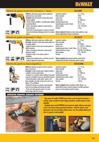 Masina de gaurit cu percutie mecanica 1 viteza                                                                           D21805
                    Utilizare: Ideal pentru gaurii in diverse aplicatii de          Capacitate mandrina                         1.5 - 13 mm
                    prelucrare lemn, metal, plastic                                 Putere nominala                             701W
                    Avantaje: Cutie de transmisie cu doua viteze pentru             Cuplu maxim                                 12 Nm
                    cresterea cuplului                                              Turatie in gol                              0 - 2.600 rpm
                    •Control al vitezei variabile si reversibile pentru aplicatii   Capacitate gaurire lemn                     30 mm
                    in materiale diferite                                           Capacitate gaurire metal / zidarie          13 / 16 mm
                    •Maner si intrerupator acoperite cu cauciuc pentru o            Sistem prindere                             1/2” x 20 U.N.F.
                    mai una aderenta                                                Greutate                                    1.8 kg
                    •Noul sistem de angrenaj pentru o mai mare rezistenta
                    •Durata de functionare indelungata oferita de armatura          Dotari standard: Mandrina cu cheie, cheie mandrina, maner
                    robusta                                                         lateral multipozitional, limitator de adancime

Masina de gaurit cu percutie 2 viteze                                                                                    D21815
                    Utilizare: Ideal pentru prelucrarea metalelor grele             Capacitate mandrina                        1.5 - 13 mm
                    Avantaje: Transmisie cu doua viteze pentru cuplu mare           Putere nominala                            770W
                    in anumite aplicatii                                            Cuplu maxim                                40 / 20 Nm
                    •Reglaj de turatie si inversor de sens pentru gauriri in        Turatie in gol                             0 - 1.100 / 0 - 2.700 rpm
                    diferite materiale                                              Capacitate gaurire lemn / metal / beton    35 / 13 / 20 mm
                    •Maner si intrerupator imbracate in cauciuc pentru              Cadenta (lovituri pe minut)                0-18.700 / 0-45.900 rpm
                    aderenta si confort                                             Sistem prindere                            1/2” x 20 U.N.F.
                    •Mandrina cu cheie 13 mm pentru precizie si                     Greutate                                   2.3 kg
                    durabilitate
                    •Cutie de viteze metalica pentru o rezistenta mai mare          Dotari standard: cheie pentru mandrina, maner lateral
                    •Cuplaj de siguranta la suprasarcina                            multipozitional, limitator de adancime, geanta transport

Masina de gaurit cu masa magnetica                                                                                       D21620K
                   Utilizare: efectuarea de gauriri in otel cu acuratete,           Capacitate mandrina                         1.5 - 13 mm
                   viteza si fara bavuri                                            Putere nominala                             650W
                   Avantaje: 2 trepte mecanice pentru reglarea turatiei si          Cuplu maxim                                 8,6 Nm
                   a cuplului si cresterea performantei                             Turatie in gol                              0 - 2.800 rpm
                   •Compacta si cu o greutate redusa faciliteaza transportul        Capacitate gaurire lemn                     25 mm
                   si permite o pozitionare usoara pe materialului de gaurit        Capacitate gaurire metal / zidarie          13 / 16 mm
                   •Sistemul de prindere “quick release” pentru o mai               Sistem prindere                             1/2” x 20 U.N.F.
                   buna manipulare; fara chei; accepta orice carota cu ax           Greutate                                    1.82 kg
                   cilindric -19 mm (Weldon)
                   •Manerul de actionare pe verticala se poate decupla,             Dotari standard: Sistem de prindere “Quick release”, vas
                   muta si fixa pe ambele parti laterale ale sasiului               pentru lichid de taiere, maner de actionare reversibil, aparatoare
                   •Pentru mai multa siguranta masina nu va porni                   gaurire, curea de siguranta, geanta transport
                   automat dupa caderile de tensiune

BURGHIE PENTRU ZIDARIE EXTREME
                                                         • Noua gama de burghie EXTREME pentru beton, gratie proiectarii inovatoare a
                                                         varfului, conda cu prindere frezata tringhi, garanteaza rezultate optime în toate
                                                         aplicatiile.
                                                         • Burghiele pentru metal EXTREME2 permit gaurirea rapida, obtinerea unei gauri
                                                         curate si fara bavuri gratie geometriei inovatoare a vârful de centrare. Acum
                                                         deasemenea cele mai noi burghie cobalt extreme, care face posibila utilizarea lor
                                                         chiar si la gauriri in otel inoxidabil.




                                                                                                                                                           47
 