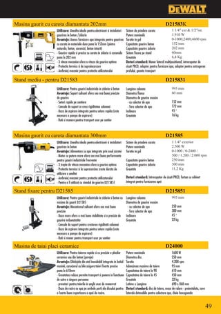 Masina gaurit cu carota diamantata 202mm                                                                            D21583K
                   Utilizare: Unealta ideala pentru electriceni si instalatori    Sistem de prindere carota               1 1/4” ext & 1/2”int.
                   gaurirea in beton /zidarie                                     Putere nominala                         1.910 W
                   Avantaje: Anexa furnizare apa integrata pentru gaurirea        Turatie in gol                          0-1000;2400;4600 rpm
                   cu carota in materiale dure pana la 152mm (piatra              Capacitate gaurire beton                152 mm
                   naturala, beton, caramizi, beton intarit)                      Capacitate gaurire zidarie              202 mm
                   •Gaurire rapida si precisa cu carota in zidarie si caramida    Sistem fixare pe stand                  60mm
                   pana la 202 mm                                                 Greutate                                6,4 Kg
                   •3 viteze mecanice ofera o viteza de gaurire optima            Dotari standard: Maner lateral multipozitional, intrerupator de
                   •Protectia termica si de supraincarcare                        cicuit PRCD, adaptor pentru furnizare apa, adaptor pentru extragerea
                   •Ambreiaj mecanic pentru protectia utilizatorului              prafului, geanta transport

Stand mediu - pentru D21583                                                                                         D215831
                   Utilizare: Pentru gauriri industriale in zidarie si beton      Lungime coloana                        995 mm
                   Avantaje: Suport culisant ofera cea mai buna precizie          Diametru flansa                        60 mm
                   de gaurire                                                     Diametru de gaurire maxim
                   •Setari rapide pe santiere                                      - cu colector de apa                  152 mm
                   •Console de suport ce cresc rigiditatea coloanei                - fara colector de apa                172 mm
                   •Baza de aspirare integrata pentru setare rapida (este         Inclinare                              45 °
                   necesara o pompa de aspirare)                                  Greutate                               16 kg
                   •Roti si manere pentru transport usor pe santier



Masina gaurit cu carota diamantata 300mm                                                                            D21585
                   Utilizare: Unealta ideala pentru electriceni si instalatori    Sistem de prindere carota              1 1/4” exterior
                   gaurirea in beton                                              Putere nominala                        2.500 W
                   Avantaje: Alimentare cu apa integrata prin axul carotei        Turatie in gol                         0-1000 / 0-2400 /
                   •Motor cu putere mare ofera cea mai buna performanta                                                  500 / 1.200 / 2.000 rpm
                   pentru gauriri industriale frecvente                           Capacitate gaurire beton               250 mm
                   •3 trepte de viteza mecanice ofera o gaurire optima            Capacitate gaurire zidarie             300 mm
                   •Protectia termica si la suprasarcina creste durata de         Greutate                               11,2 Kg
                   utilizare a uneltei
                   •Ambreiaj mecanic pentru protectia utilizatorului              Dotari standard: Intrerupator de cicuit PRCD, furtun cu robinet
                   •Pentru a fi utilizat cu standul de gaurire D215851            integrat pentru furnizarea apei

Stand fixare pentru D21585                                                                                          D215851
                   Utilizare: Pentru gauriri industriale in zidarie si beton cu   Lungime coloana                        995 mm
                   masina de gaurit D21585                                        Diametru de gaurire maxim
                   Avantaje: Mecanismul culisant ofera cea mai buna                - cu colector de apa                  250 mm
                   precizie                                                        - fara colector de apa                300 mm
                   •Baza mare ofera o mai buna stabilitate si o precizie de       Inclinare                              45 °
                   gaurire imbunatatita                                           Greutate                               22 kg
                   •Console de suport pentru cresterea rigiditatii coloanei
                   •Baza de aspirare integrata pentru setare rapida (este
                   necesara o pompa de aspirare)
                   •Roti si maner pentru transport usor pe santier

Masina de taiai placi ceramice                                                                                      D24000
                   Utilizare: Pentru taierea rapida si cu precizie a placilor     Putere nominala                          1600 W
                   ceramice sau din beton (pavaje)                                Diametru disc                            250 mm
                   Avantaje: Ghidajele din otel inoxidabil integrate in batiul    Turatie                                  4.200 rpm
                   masinii, caruciorul cu bile asigura taieri foarte precise      Adancimea maxima de taiere               95 mm
                   pana la 610mm                                                  Capacitatea de taiere la 90°             610 mm
                   •Greutatea redusa permite transport si punere in functiune     Capacitatea de taiere la 45°             450 mm
                   de catre o singura persoana                                    Greutate                                 32 kg
                   •presetari pentru taierile in unghi usor de manevrat           Latime x Lungime                         690 x 860 mm
                   •Duze de racire cu apa pe ambele parti ale discului pentru     Dotari standard: disc de taiere, masa de rulare - preinstalata, cuve
                   o foarte buna repartizare a apei de racire.                    laterale detasabile pentru colectare apa, cheie hexagonala


                                                                                                                                                         49
 
