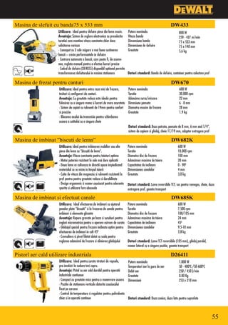 Masina de slefuit cu banda75 x 533 mm                                                                               DW433
                     Utilizare: Ideal pentru slefuire piese din lemn masiv.      Putere nominala                           800 W
                     Avantaje: Sistem de reglare electronica cu preselectia      Viteza banda                              259 - 427 m/min
                     turatiei care mentine viteza constanta chiar daca           Dimensiune banda                          75 x 533 mm
                     solicitarea variaza                                         Dimensiune de slefuire                    75 x 140 mm
                     •Conceput cu 3 rule asigura o mai buna sustinerea           Greutate                                  5.6 kg
                     benzii – creste performantele in slefuire
                     •Centrare automata a benzii, care poate fi, de aseme-
                     nea, reglata manual pentru a efectua lucrari precise
                     •Cadrul de slefuire (DE4055) disponibil optional permite
                     transformarea slefuitorului in masina stationara            Dotari standard: Banda de slefuire, container pentru colectare praf

Masina de frezat pentru canturi                                                                                     DW670
                      Utilizare: Ideal pentru entru raze mici de frezare,        Putere nominala                           600 W
                      tesituri si configurari de canturi.                        Turatie                                   30.000 rpm
                      Avantaje: Cu greutate redusa este ideala pentru            Adancime cursa/miscare                    22 mm
                      folosirea cu o singura mana si lucrari de mare acuratete   Dimnsiune penseta                         6 - 8 mm
                      •Sistem de copiat cu rulmenti de 19mm pentru confort       Diametru maxim de frezare                 28 mm
                      si precizie                                                Greutate                                  1.9 kg
                      •Blocarea axului de transmisie pentru schimbarea
                      usoara a cutitului cu o singura cheie
                                                                                 Dotari standard: Baza patrata, pensete de 8 mm, 6 mm and 1/4”,
                                                                                 sistem de copiere si ghidaj, cheie 17/19 mm, adaptor extragere praf

Masina de imbinat ”biscuti de lemn”                                                                                 DW682K
                      Utilizare: Ideal pentru imbinarea mobilier sau alte        Putere nominala                          600 W
                      piese din lemn cu “biscuiti de lemn“.                      Turatie                                  10.000 rpm
                      Avantaje: Viteza constanta pentru taieturi optime          Diametru disc de frezare                 100 mm
                      •Motor puternic rezistent la cele mai dure aplicatii       Adancimea maxima de taiere               20 mm
                      •Doua lame ce culiseaza in directii opuse impiedicand      Capacitatea de inclinare                 0 - 900
                      materialul sa se miste in timpul taierii                   Dimensiunea canalelor                    4 mm
                      •Cutie de viteze din magneziu si rulmenti rezistenti la    Greutate                                 3.0 kg
                      praf pentru pentru greutate redusa si durabilitate
                      •Design ergonomic si maner cauciucat pentru aderenta       Dotari standard: Lame reversibile TCT, sac pentru rumegus, cheie, duza
                      sporita si utilizare fara oboseala                         extragere praf, geanta transport

Masina de imbinat si efectuat canale                                                                                DW685K
                      Utilizare: Ideal efectuarea de imbinari cu ajutorul        Putere nominala                          600 W
                      penelor plate “biscuiti” si la frezarea de canale pentru   Turatie                                  7.500 rpm
                      imbinari si elemente glisante                              Diametru disc de frezare                 100/105 mm
                      Avantaje: Repere gravate pe baza si suruburi pentru        Adancimea maxima de taiere               24 mm
                      reglari micrometrice pentru o operare extrem de curata     Capacitatea de inclinare                 450
                      •Ghidajul special pentru frezare inclinata optim pentru    Dimensiunea canalelor                    9.5-18 mm
                      efectuarea de imbinari in colt 450                         Greutate                                 2.8 kg
                      •Cremaliera si pivot filetat dotat cu scala pentru
                      reglarea adancimii de frezare si alinierea ghidajului      Dotari standard: Lame TCT reversibile (105 mm), ghidaj paralel,
                                                                                 maner lateral cu o singura pozitie, geanta transport

Pistorl aer cald utilizare industriala                                                                              D26411
                      Utilizare: Ideal pentru curata straturi de vopsele,        Putere nominala                           1.800 W
                      pre-incalziri la sudura tevi cupru.                        Temperaturi aer la gura de aer            50 - 4000C /50-6000C
                      Avantaje: Pistol cu aer cald durabil pentru operatii       Debit aer                                 250 / 450 l/min
                      industriale contiunue                                      Greutate                                  0.80 Kg
                      •Compact cu greutate mica pentru o manevrare usoara        Dimensiuni                                253 x 210 mm
                      •Pozitie de stationare verticala datorita cauciucului
                      fixat pe carcasa
                      •Control de temperatura si regulator pentru polivalenta
                      chiar si in operatii continue                              Dotari standard: Duza conica, duza lata pentru suprafete




                                                                                                                                                       55
 