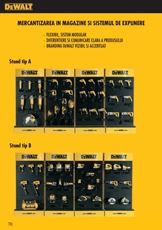 MERCANTIZAREA IN MAGAZINE SI SISTEMUL DE EXPUNERE
               • FLEXIBIL, SISTEM MODULAR
               • DIFERENTIERE SI COMUNICARE CLARA A PRODUSULUI
               • BRANDING DEWALT VIZIBIL SI ACCENTUAT


Stand tip A




Stand tip B




70
 