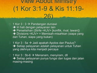View About Ministry 
(1 Kor 3:1-9 & Kis 11:19- 
26) 
? 1 Kor 3 : 3 ? Pandangan duniawi 
? Iri hati dengan pelayanan lain 
? Perselisihan (Strife <KJV> [konflik, rival, lawan]) 
? Divisions <KJV> = Memisah-misahkan (siapa yang 
dari Tuhan, siapa yang bukan) 
? 1 Kor 3 : 5a ? Jadi apakah Apolos dan Paulus? 
? Setiap pelayanan adalah pelayanan untuk Tuhan 
yang olehnya kita menjadi percaya 
? 1 Kor 3 : 5b-6 ? Menanam, menyiram, dll 
? Setiap pelayanan punya fungsi dan tugas dan jalan 
masing-masing 
 