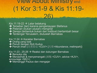 View About Ministry end 
(1 Kor 3:1-9 & Kis 11:19- 
26) 
Kis 11:19-22 ? Latar belakang 
? Tersebar (lari) karena penganiayaan Stefanus 
? Pelarian (bukan utusan) menginjil 
? Gereja (terbentuk bukan dari institusi) bertambah besar 
? Terdengar Yerusalem, diutuslah Barnabas 
Kis 11:24 ? Karakter Barnabas 
? Orang yang baik 
? Penuh dengan Roh Kudus 
? Penuh iman (<CUV> [=Abundance, melimpah]) 
Kis 11:23 ; 25-26 ? Reaksi dan dukungan Barnabas 
? Bersuka cita 
? Menasihati & menyemangati (Ȱ<CUV>, advice <KJV>, 
encourage <NIV>) 
? Memanggil Paulus dan mengajar 
 