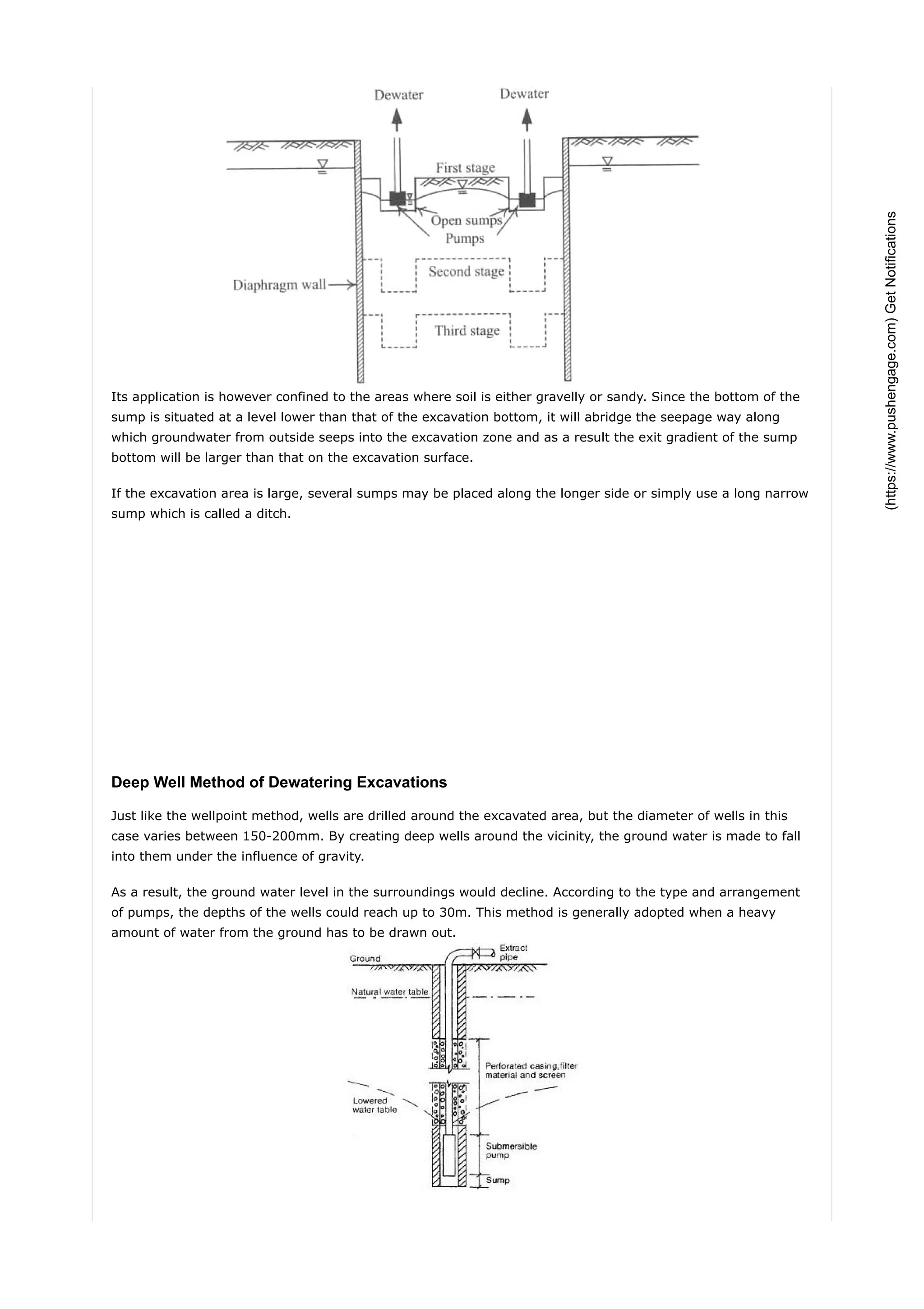 Its application is however confined to the areas where soil is either gravelly or sandy. Since the bottom of the
sump is situated at a level lower than that of the excavation bottom, it will abridge the seepage way along
which groundwater from outside seeps into the excavation zone and as a result the exit gradient of the sump
bottom will be larger than that on the excavation surface.
If the excavation area is large, several sumps may be placed along the longer side or simply use a long narrow
sump which is called a ditch.
Deep Well Method of Dewatering Excavations
Just like the wellpoint method, wells are drilled around the excavated area, but the diameter of wells in this
case varies between 150-200mm. By creating deep wells around the vicinity, the ground water is made to fall
into them under the influence of gravity.
As a result, the ground water level in the surroundings would decline. According to the type and arrangement
of pumps, the depths of the wells could reach up to 30m. This method is generally adopted when a heavy
amount of water from the ground has to be drawn out.
AquaDam®
20 Years Of Experience With Dewatering
Systems. Call Today.
aquadam.net
(https://www.pushengage.com)GetNotifications
 