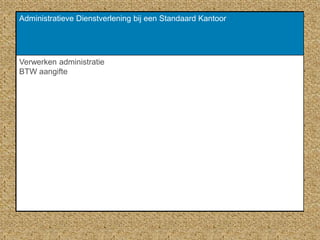 Administratieve Dienstverlening bij een Standaard Kantoor
Verwerken administratie
BTW aangifte
 