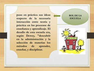 puso en práctica sus ideas
respecto de la necesaria
interacción entre teoría y
práctica en los procesos de
enseñanza y aprendizaje. El
desafío de esta escuela era,
según Dewey, "descubrir
en la administración y la
selección de materias los
métodos
de
aprender,
enseñar, y disciplinar.

ROL DE LA
ESCUELA

 