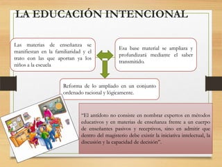 LA EDUCACIÓN INTENCIONAL
Las materias de enseñanza se
manifiestan en la familiaridad y el
trato con las que aportan ya los
niños a la escuela

Esa base material se ampliara y
profundizará mediante el saber
transmitido.

Reforma de lo ampliado en un conjunto
ordenado racional y lógicamente.

“El antídoto no consiste en nombrar expertos en métodos
educativos y en materias de enseñanza frente a un cuerpo
de enseñantes pasivos y receptivos, sino en admitir que
dentro del magisterio debe existir la iniciativa intelectual, la
discusión y la capacidad de decisión”.

 