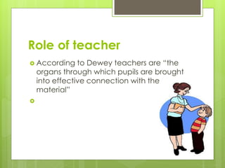 Role of teacher
 According to Dewey teachers are “the
organs through which pupils are brought
into effective connection with the
material”

 