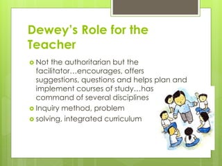 Dewey’s Role for the
Teacher
 Not the authoritarian but the
facilitator…encourages, offers
suggestions, questions and helps plan and
implement courses of study…has
command of several disciplines
 Inquiry method, problem
 solving, integrated curriculum
 