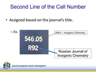Second Line of the Call Number
• Assigned based on the journal’s title.
– Ex. 546’s – Inorganic Chemistry
Russian Journal of
Inorganic Chemistry
 