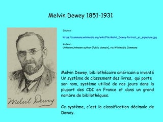 Melvin Dewey 1851-1931
Source :
https://commons.wikimedia.org/wiki/File:Melvil_Dewey-Portrait_et_signature.jpg
Auteur :
UnknownUnknown author [Public domain], via Wikimedia Commons
Melvin Dewey, bibliothécaire américain a inventé
Un système de classement des livres, qui porte
son nom, système utilisé de nos jours dans la
plupart des CDI en France et dans un grand
nombre de bibliothèques.
Ce système, c'est la classification décimale de
Dewey.
 