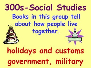 300s-Social Studies
 Books in this group tell
  about how people live
        together.


holidays and customs
government, military
 
