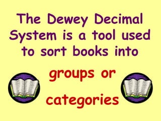 The Dewey Decimal
System is a tool used
  to sort books into
     groups or
     categories
 