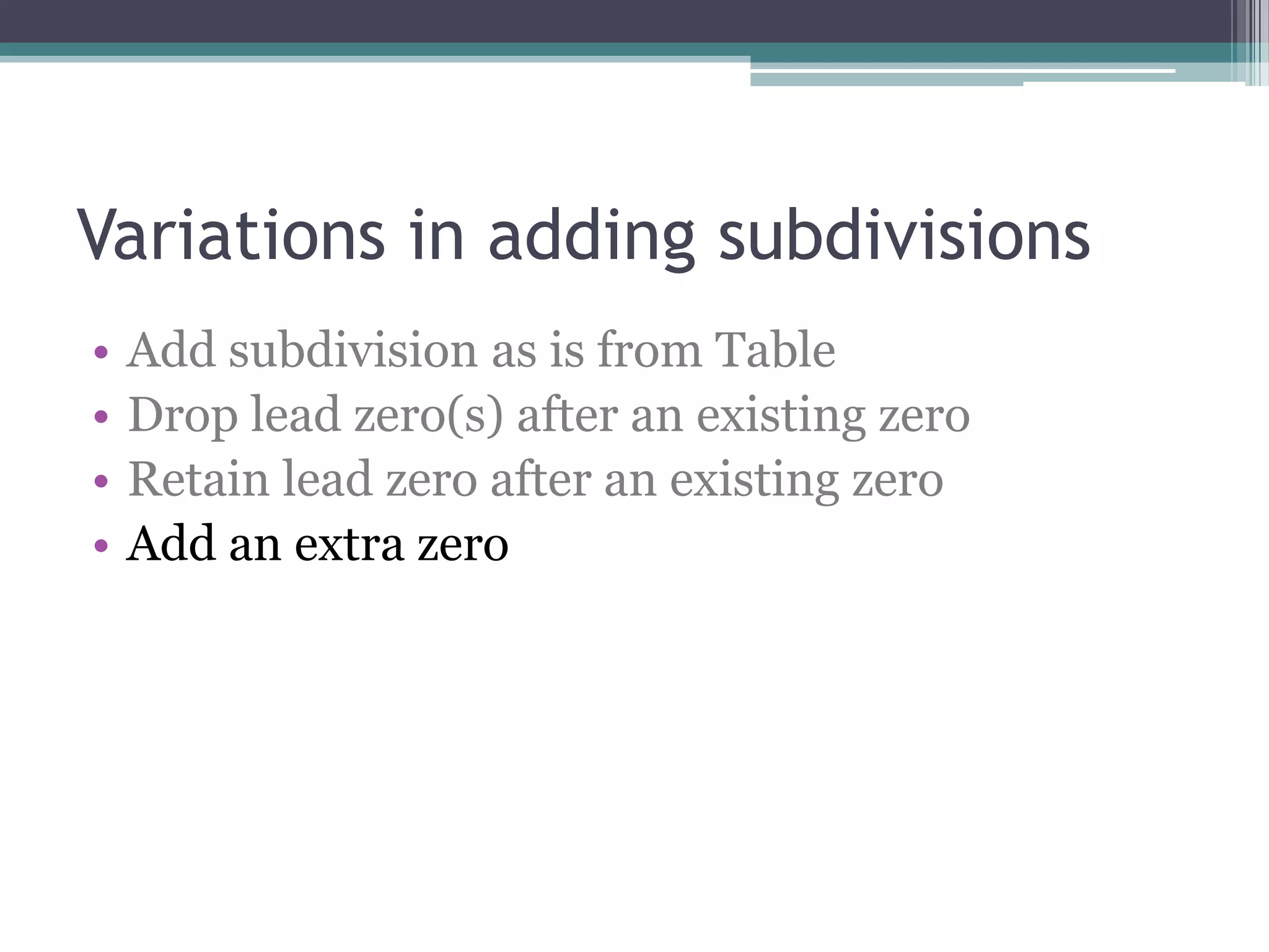 Variations in adding subdivisionsAdd subdivision as is from TableDrop lead zero(s) after an existing zeroRetain lead zero after an existing zeroAdd an extra zero