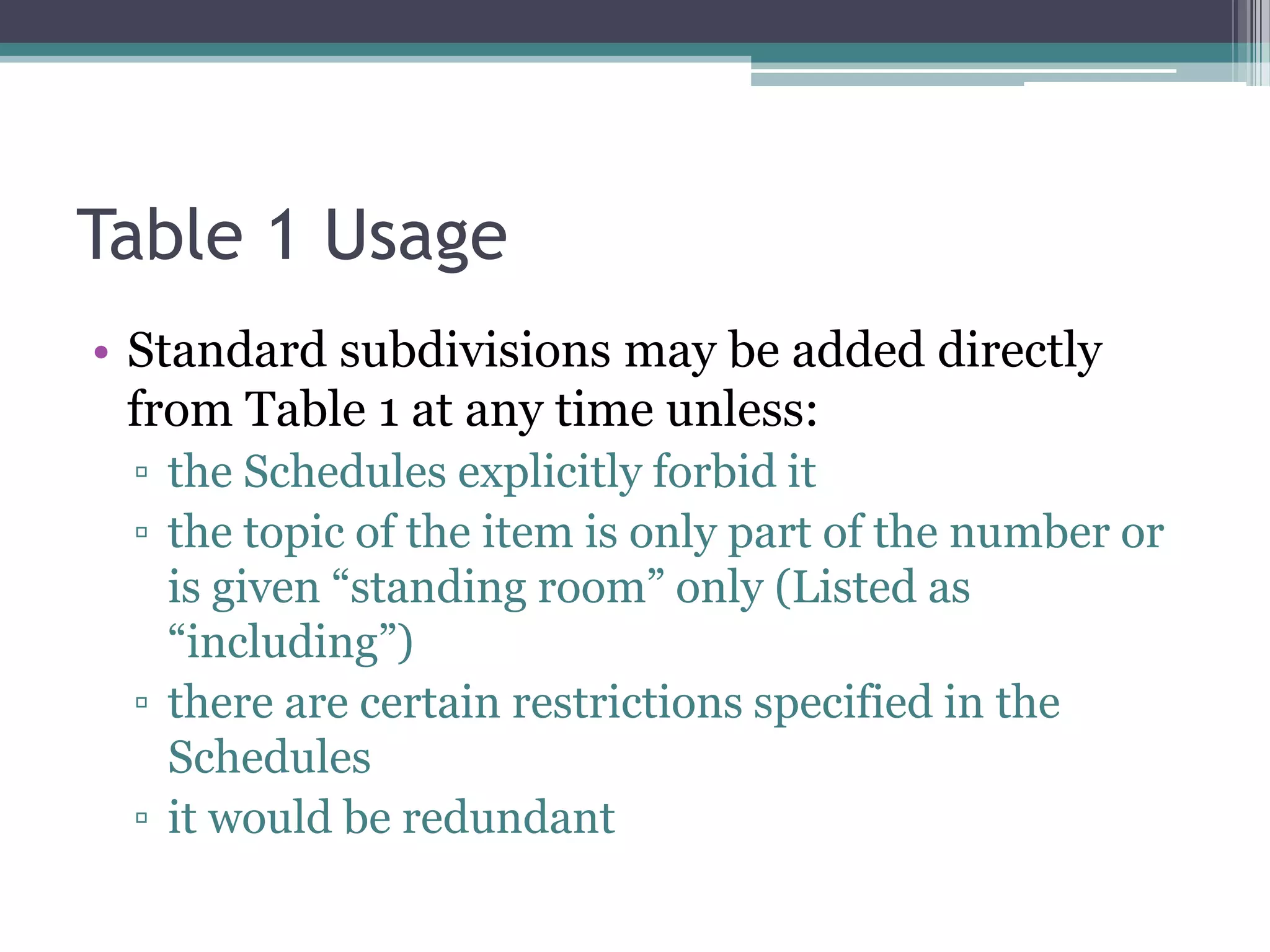 Table 1 UsageStandard subdivisions may be added directly from Table 1 at any time unless:the Schedules explicitly forbid itthe topic of the item is only part of the number or is given “standing room” only (Listed as “including”)there are certain restrictions specified in the Schedulesit would be redundant